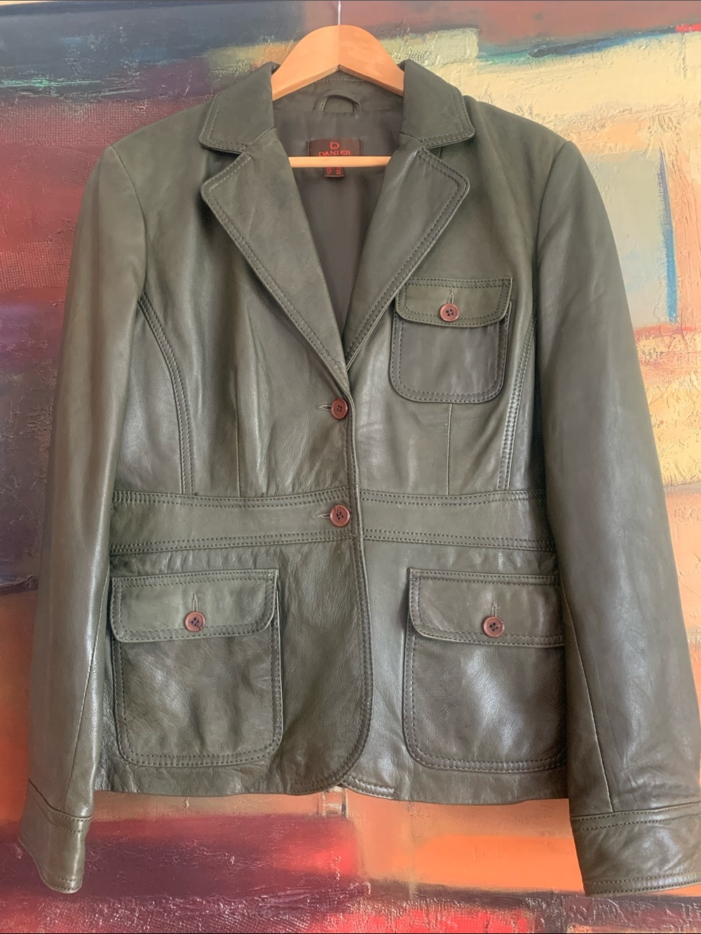 Vintage Danier Olive Green Leather Blazer Jacket, Sz L
